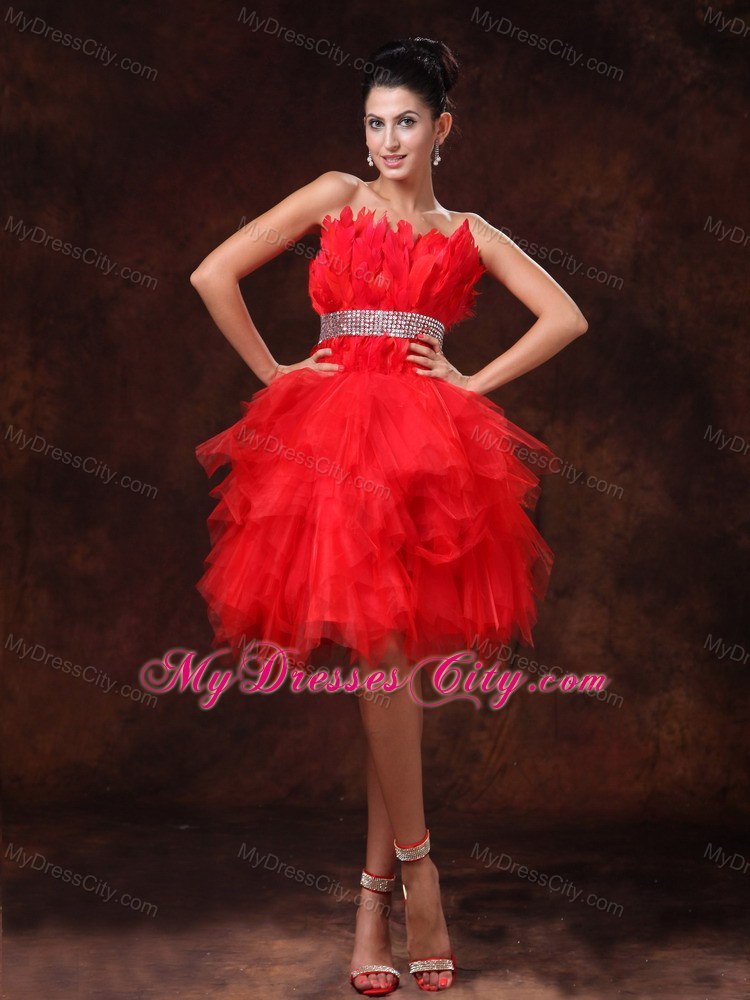 Red A-line Asymmetrical Party Dress with Silver Beaded Waistband