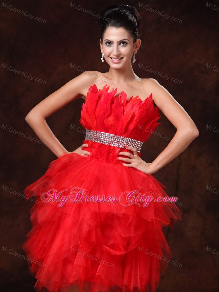 Red A-line Asymmetrical Party Dress with Silver Beaded Waistband