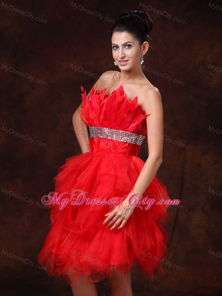 Red A-line Asymmetrical Party Dress with Silver Beaded Waistband