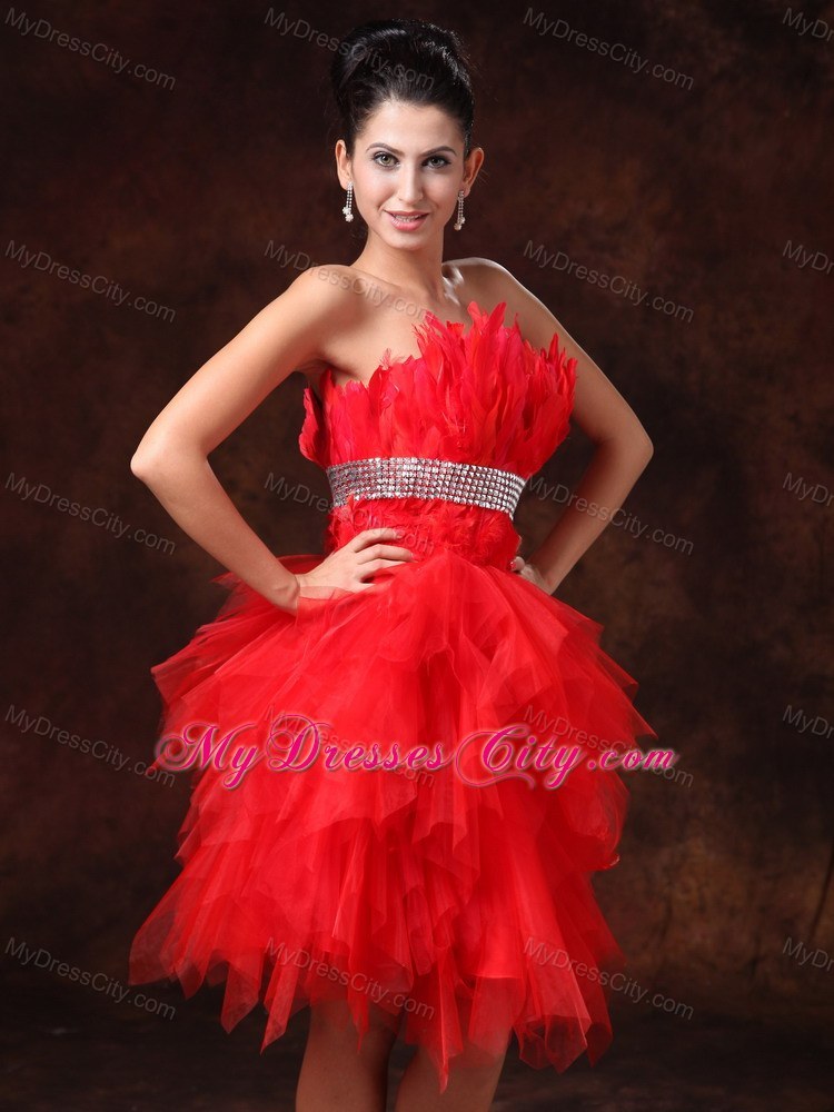 Red A-line Asymmetrical Party Dress with Silver Beaded Waistband