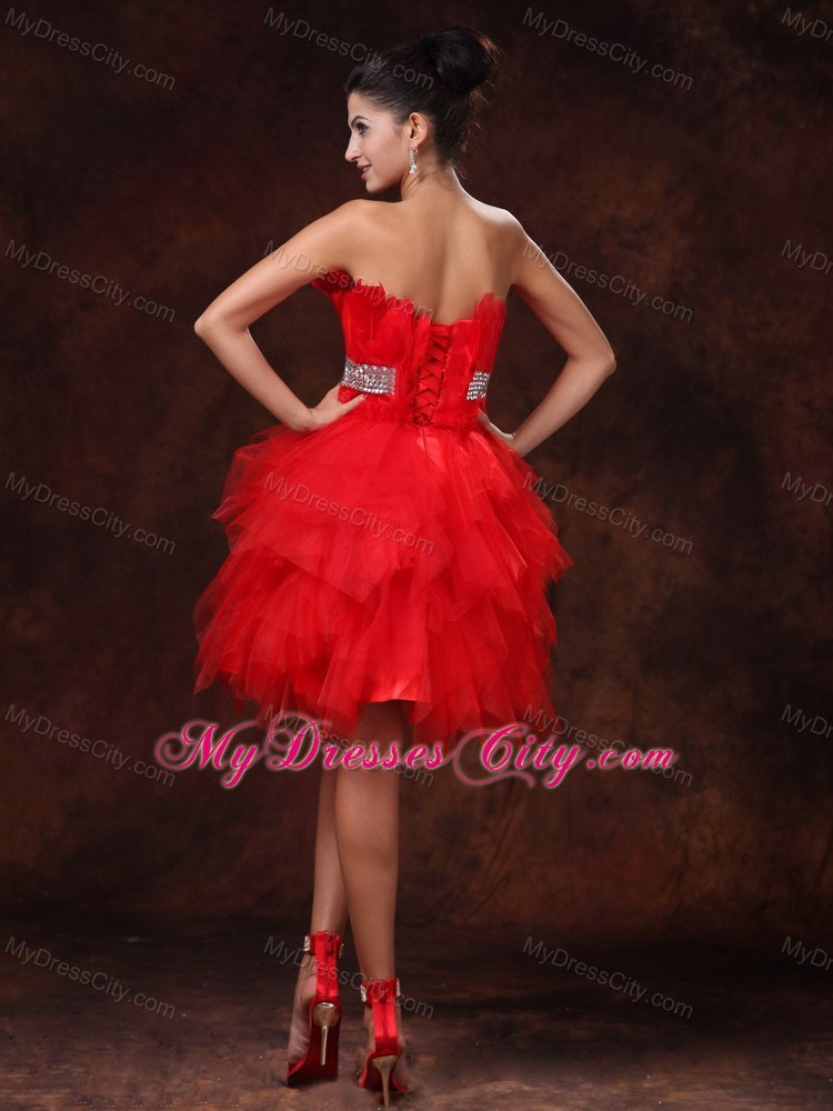 Red A-line Asymmetrical Party Dress with Silver Beaded Waistband