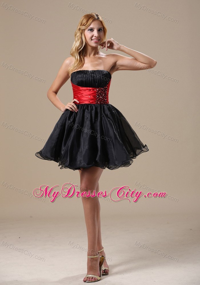 Montana Mimi Black Organza Party Gown with Red Beaded Waistband