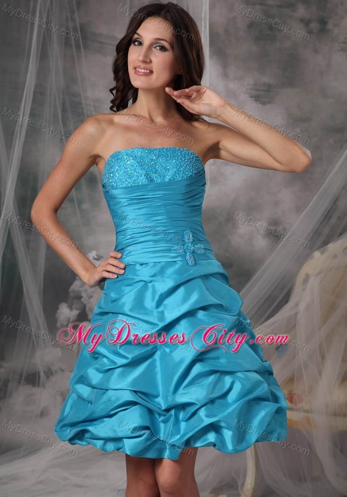 Short A-line Strapless Beaded Prom Party Dress in Aqua Blue