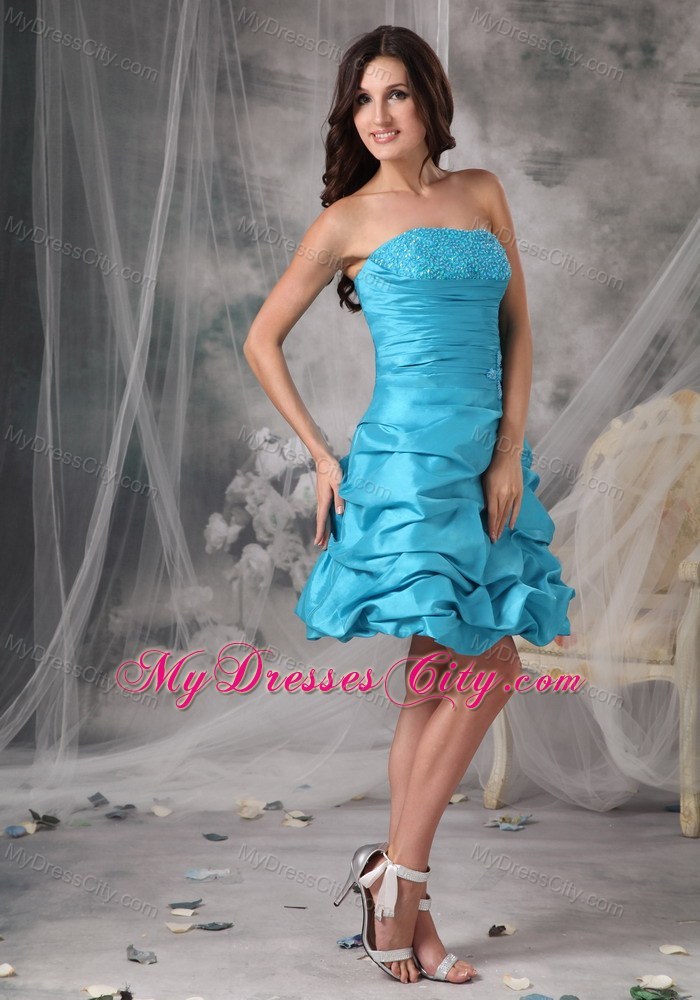 Short A-line Strapless Beaded Prom Party Dress in Aqua Blue