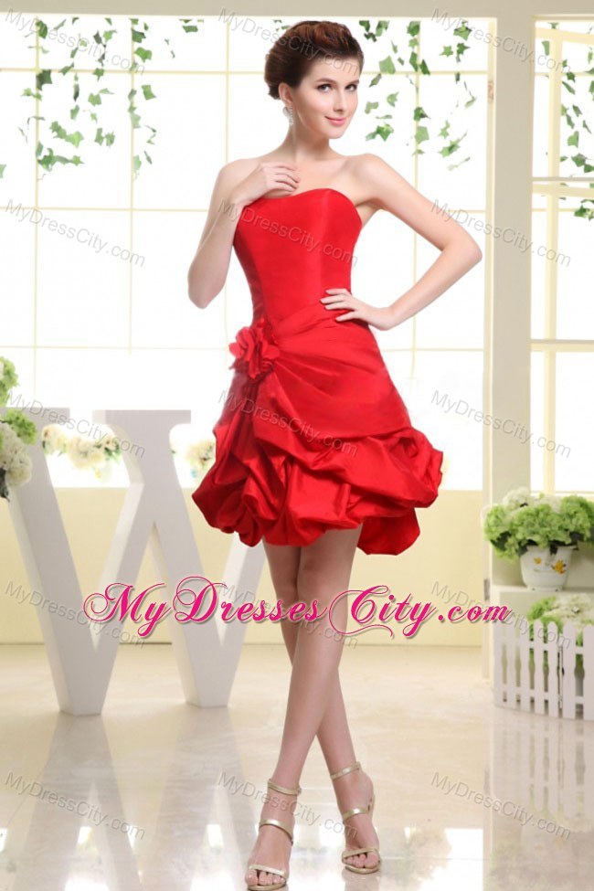 Strapless Red Pick-ups Party Dress with Hand Made Flowers