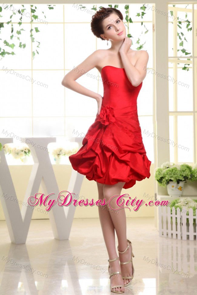 Strapless Red Pick-ups Party Dress with Hand Made Flowers