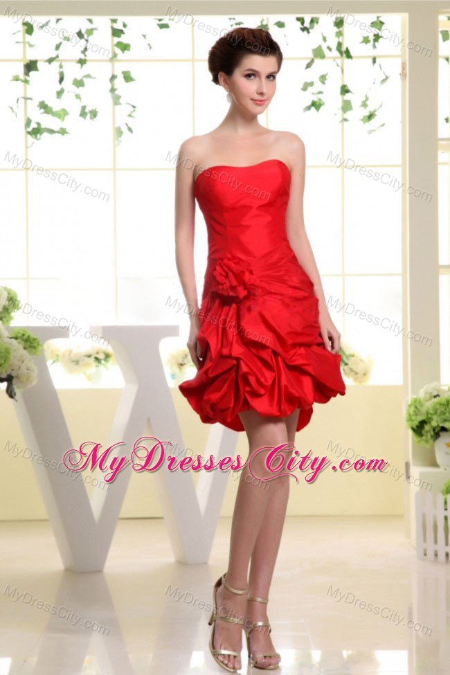 Strapless Red Pick-ups Party Dress with Hand Made Flowers