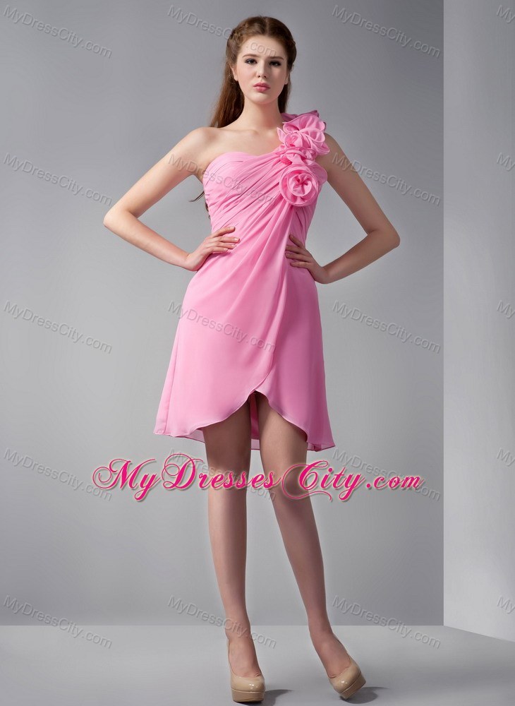 Mini Empire Pink Chiffon One Shoulder Party Dress with Hand Made Flowers