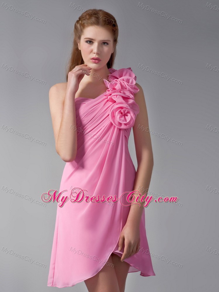 Mini Empire Pink Chiffon One Shoulder Party Dress with Hand Made Flowers