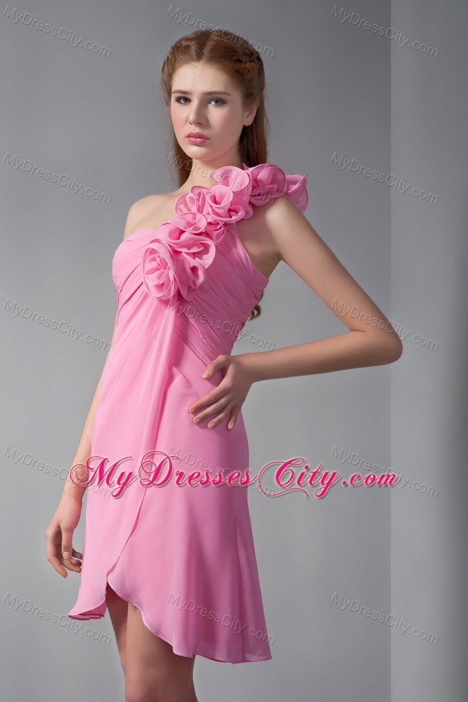 Mini Empire Pink Chiffon One Shoulder Party Dress with Hand Made Flowers