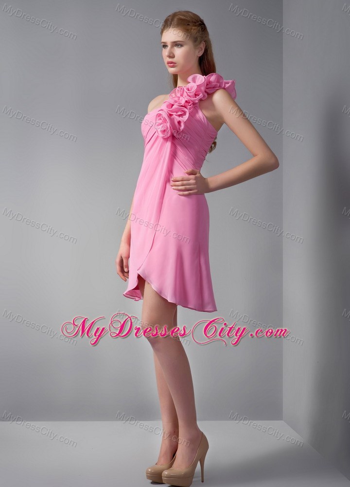 Mini Empire Pink Chiffon One Shoulder Party Dress with Hand Made Flowers