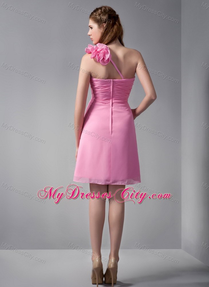 Mini Empire Pink Chiffon One Shoulder Party Dress with Hand Made Flowers