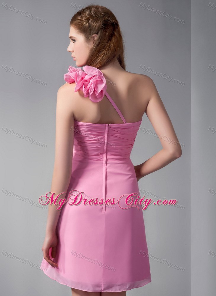 Mini Empire Pink Chiffon One Shoulder Party Dress with Hand Made Flowers