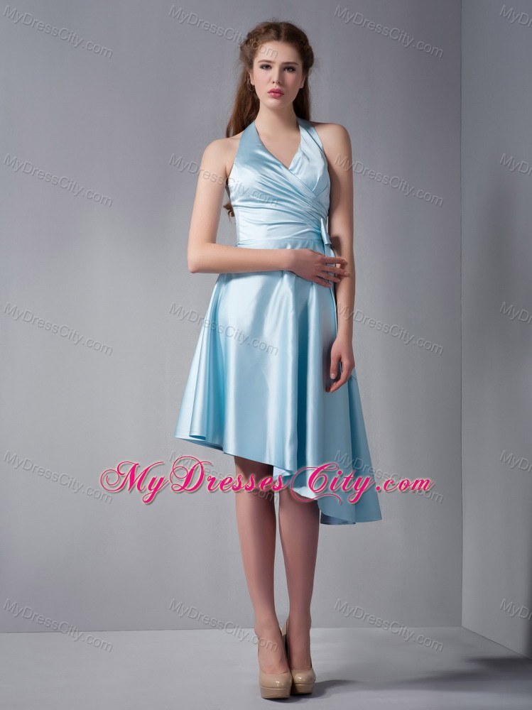 Asymmetrical Sky Blue Halter Party Dress with Side Bowknot