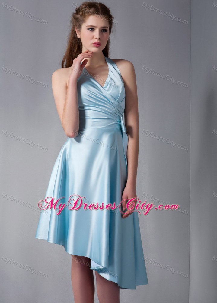 Asymmetrical Sky Blue Halter Party Dress with Side Bowknot