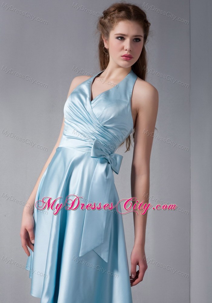 Asymmetrical Sky Blue Halter Party Dress with Side Bowknot