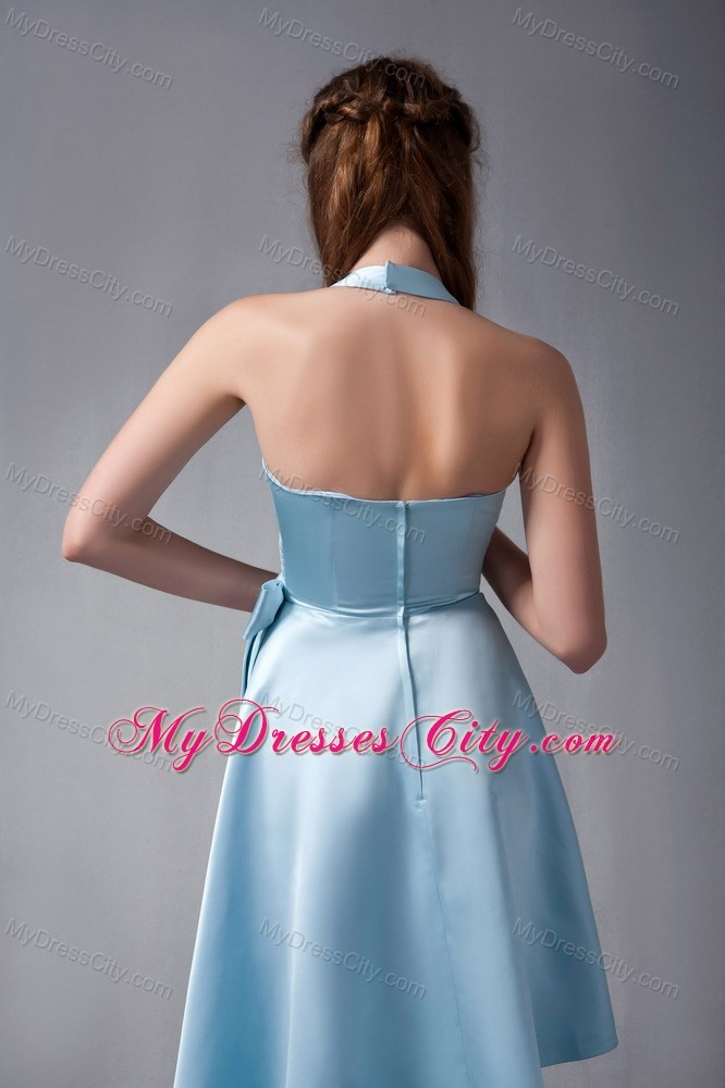 Asymmetrical Sky Blue Halter Party Dress with Side Bowknot