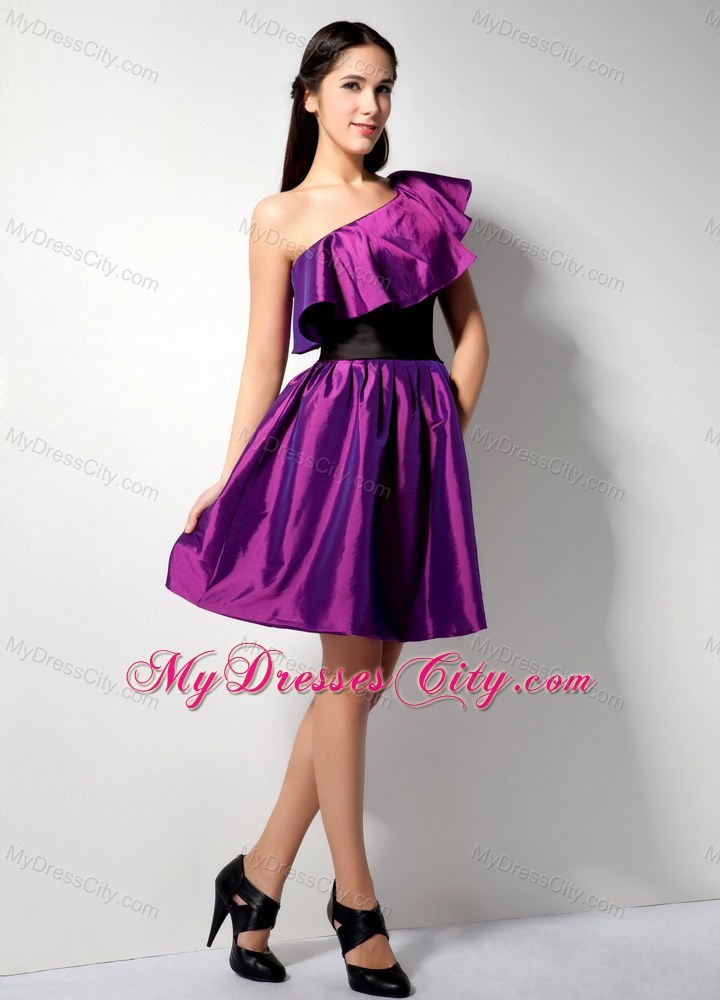 Asymmetrical Eggplant Purple Short Party Dress with Black Wide Sash