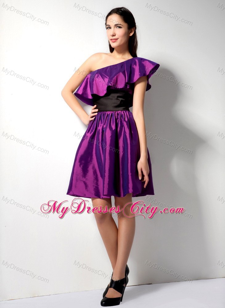 Asymmetrical Eggplant Purple Short Party Dress with Black Wide Sash