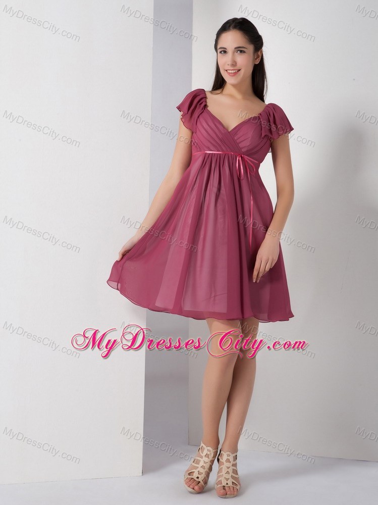 Burgundy V-neck Chiffon Party Dress with Short Sleeves