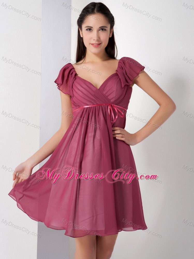 Burgundy V-neck Chiffon Party Dress with Short Sleeves