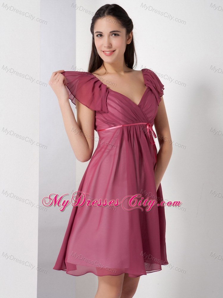 Burgundy V-neck Chiffon Party Dress with Short Sleeves