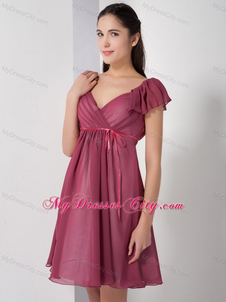 Burgundy V-neck Chiffon Party Dress with Short Sleeves