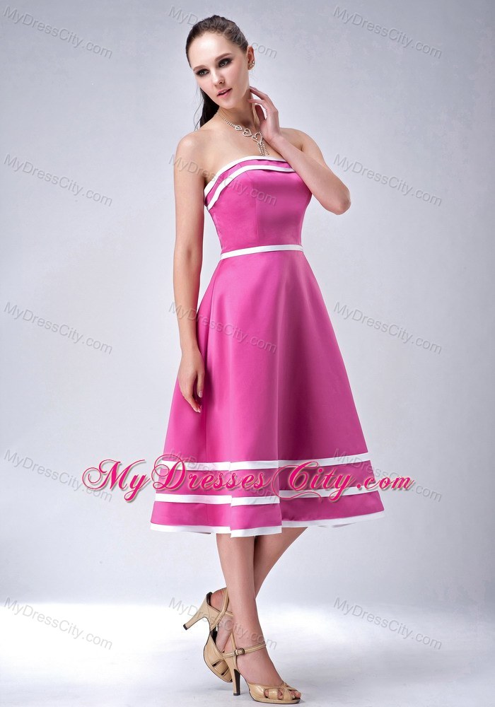 Hot Pink and White Strapless A-line Tea-length Party Dress