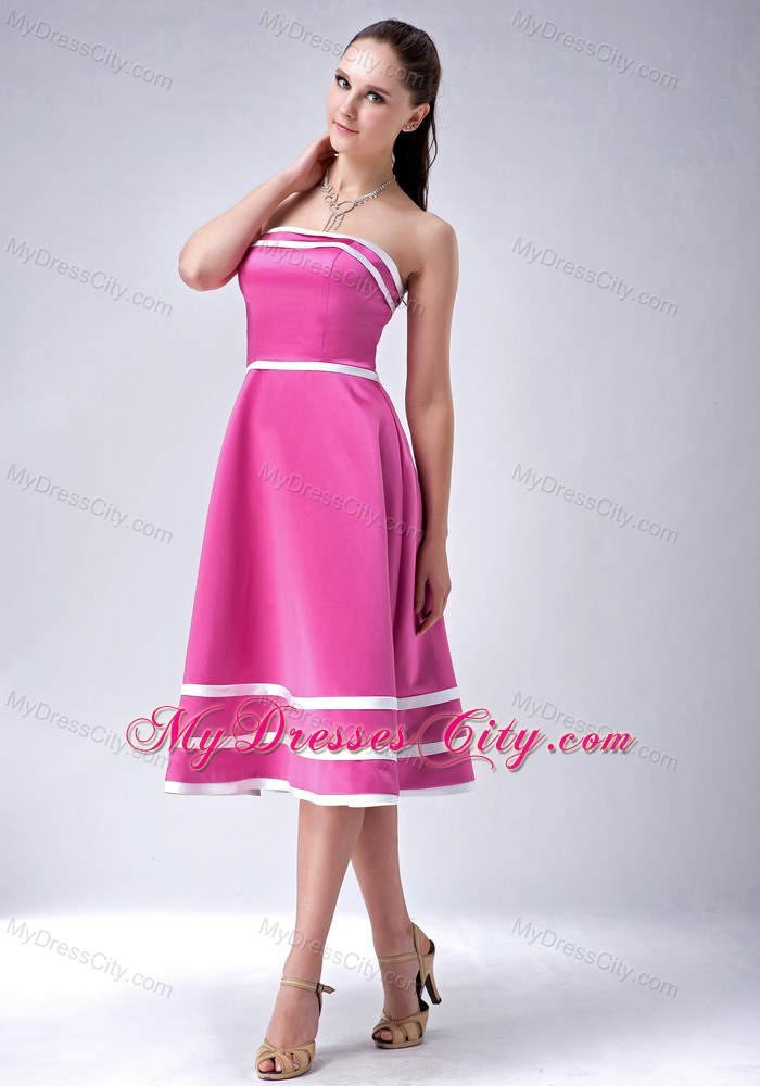 Hot Pink and White Strapless A-line Tea-length Party Dress