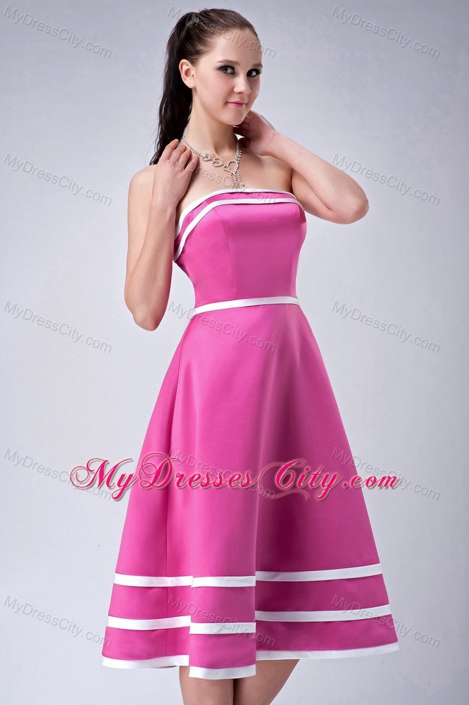 Hot Pink and White Strapless A-line Tea-length Party Dress