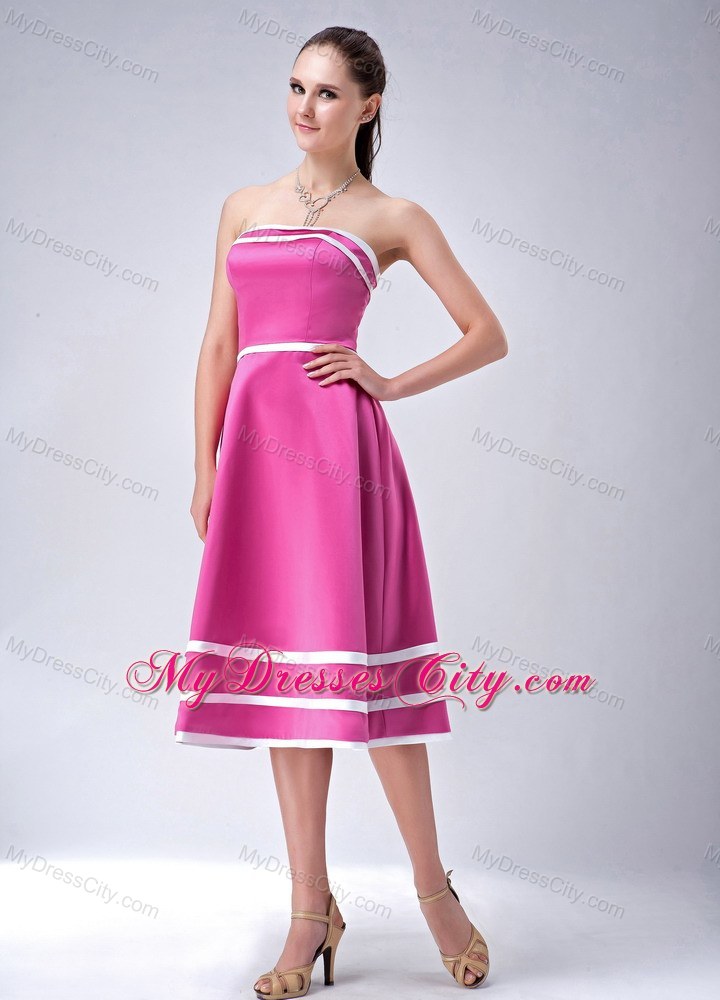 Hot Pink and White Strapless A-line Tea-length Party Dress