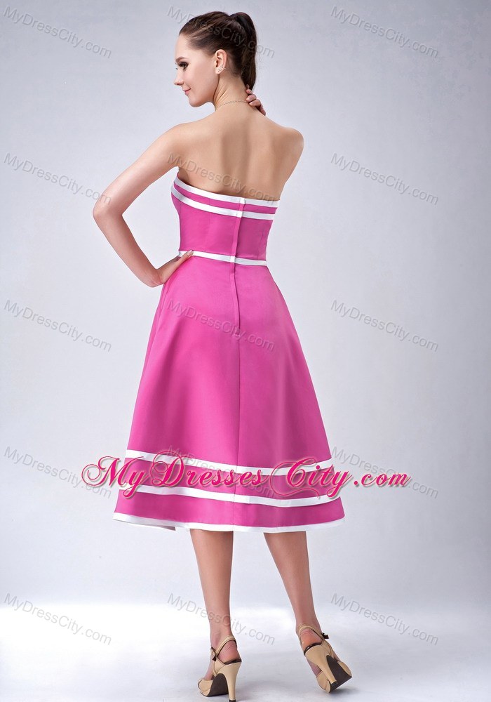 Hot Pink and White Strapless A-line Tea-length Party Dress