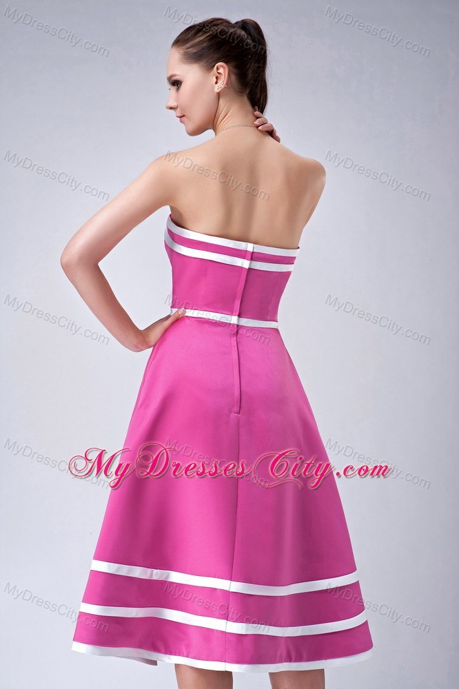 Hot Pink and White Strapless A-line Tea-length Party Dress