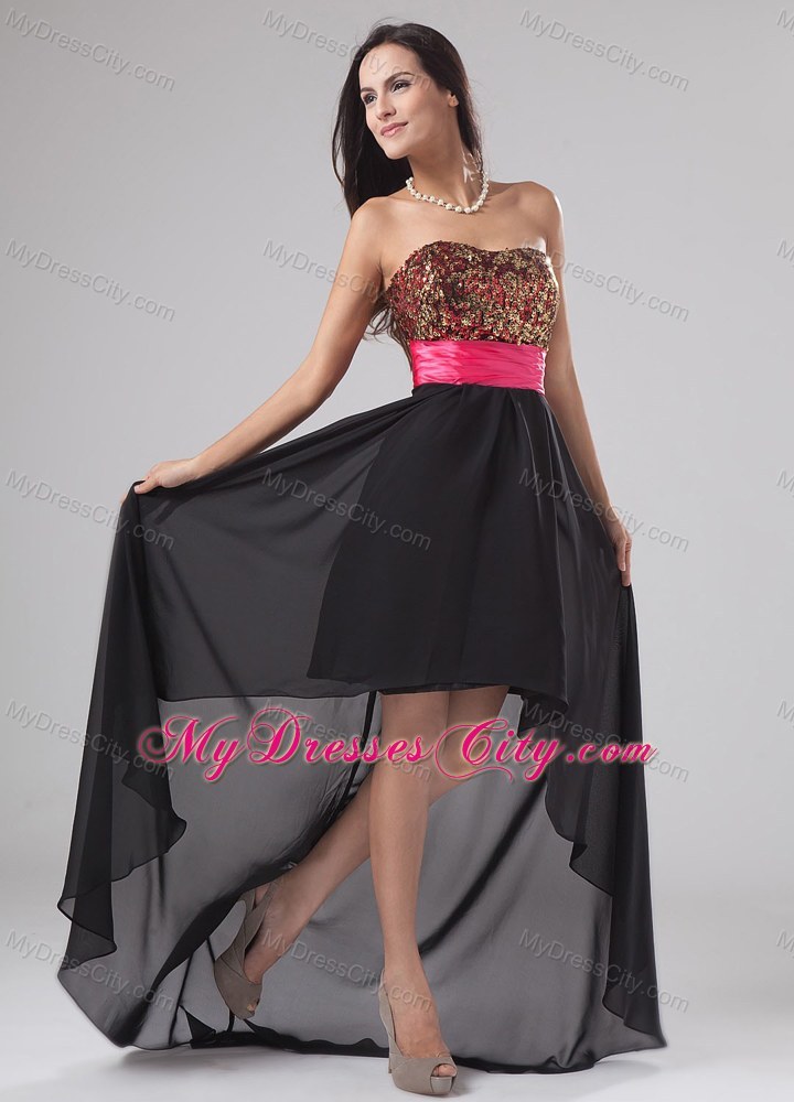 Black Mini-length Paillette Party Dress with Hot Pink Sash