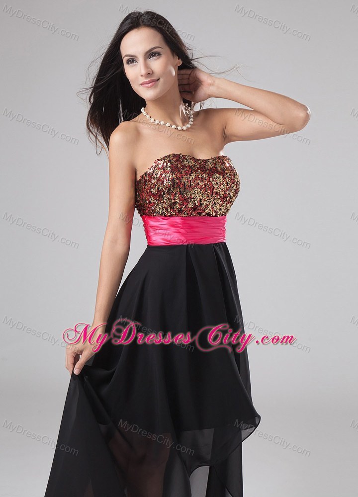 Black Mini-length Paillette Party Dress with Hot Pink Sash