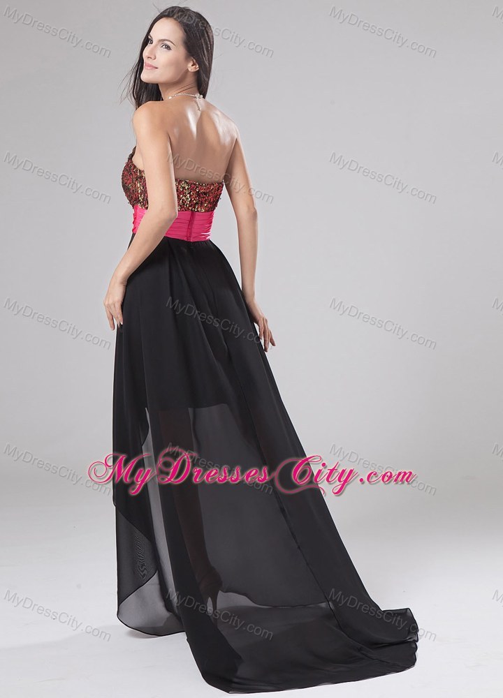 Black Mini-length Paillette Party Dress with Hot Pink Sash