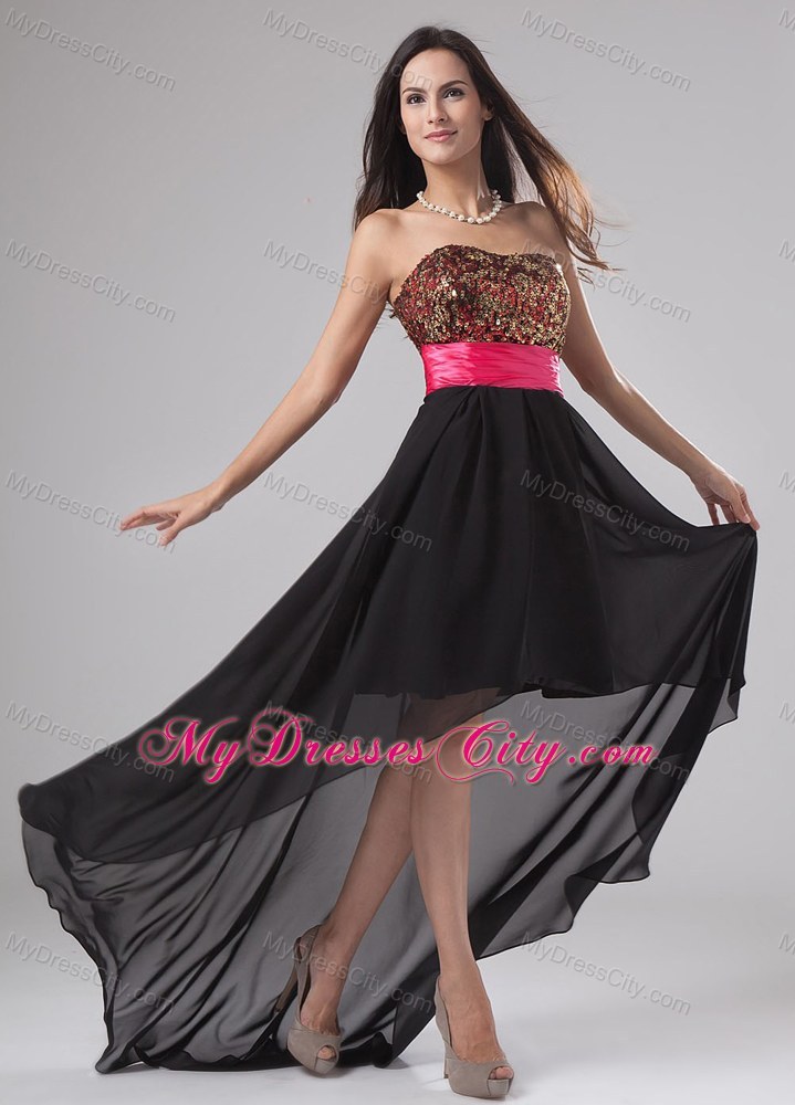 Black Mini-length Paillette Party Dress with Hot Pink Sash