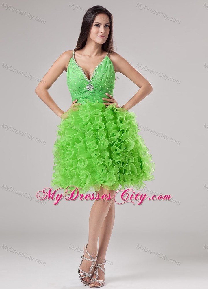 Beading and Ruffles Apple Green Deep V-neck Short Party Dress