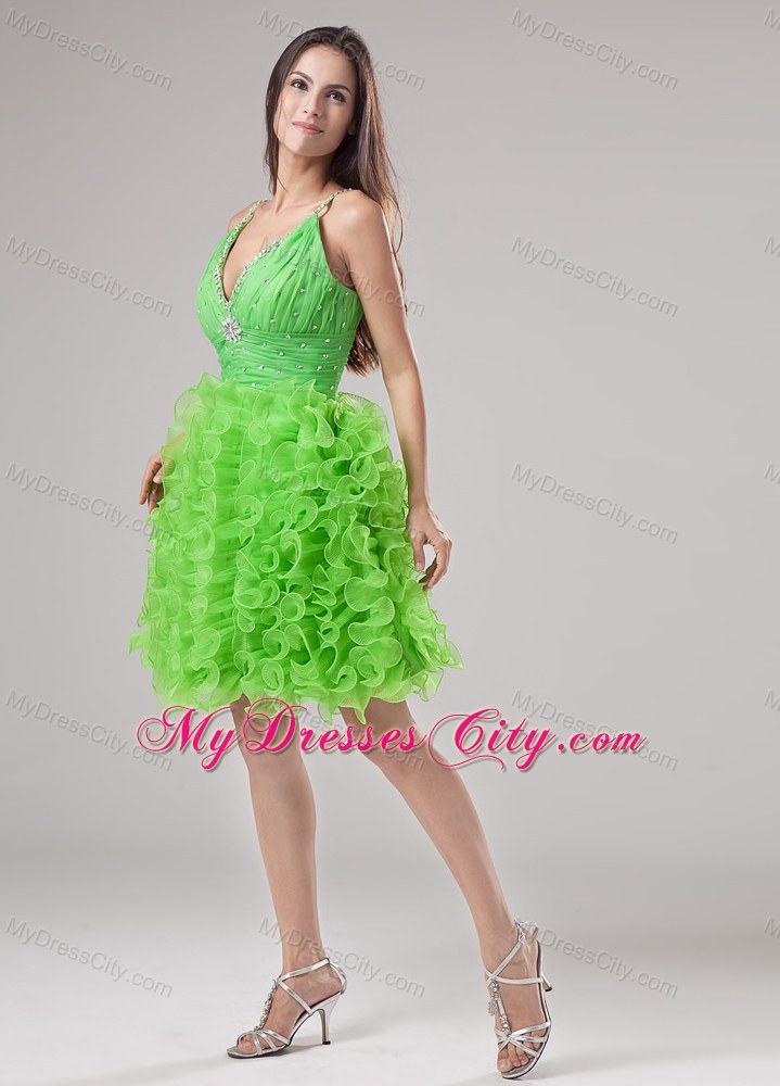 Beading and Ruffles Apple Green Deep V-neck Short Party Dress