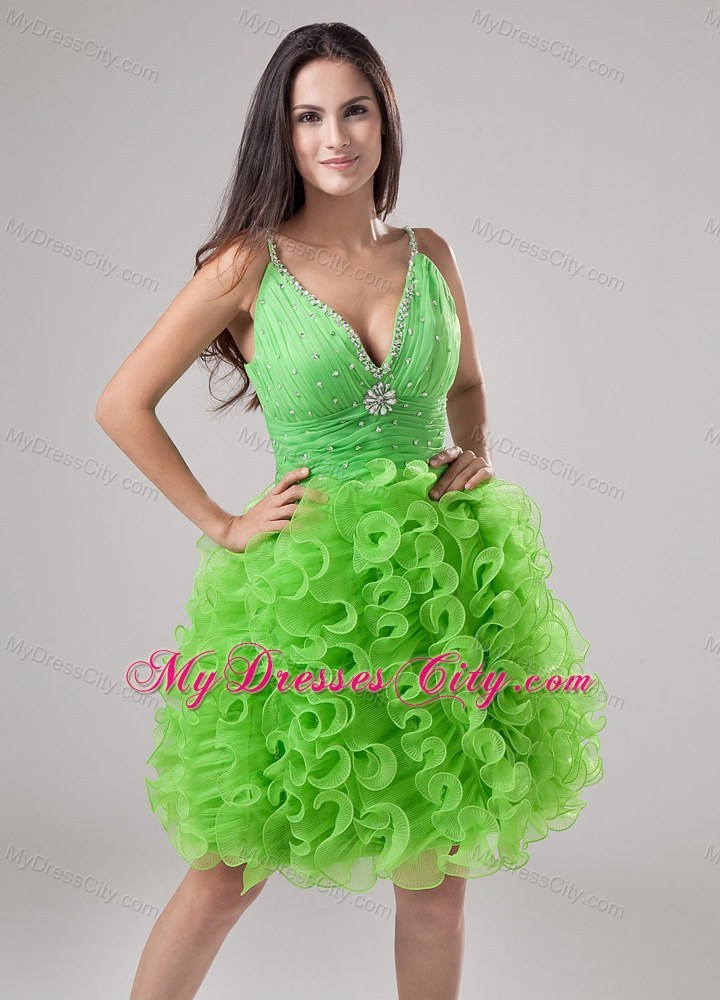 Beading and Ruffles Apple Green Deep V-neck Short Party Dress