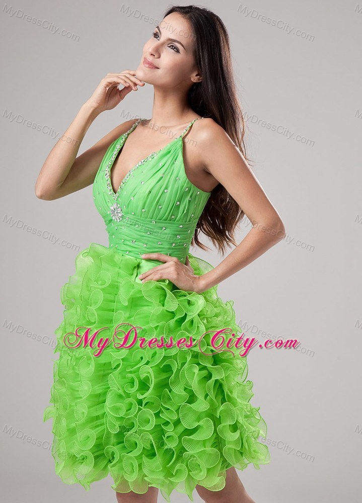 Beading and Ruffles Apple Green Deep V-neck Short Party Dress