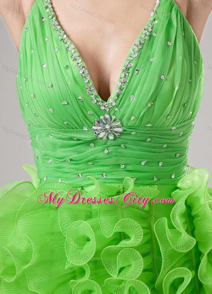 Beading and Ruffles Apple Green Deep V-neck Short Party Dress