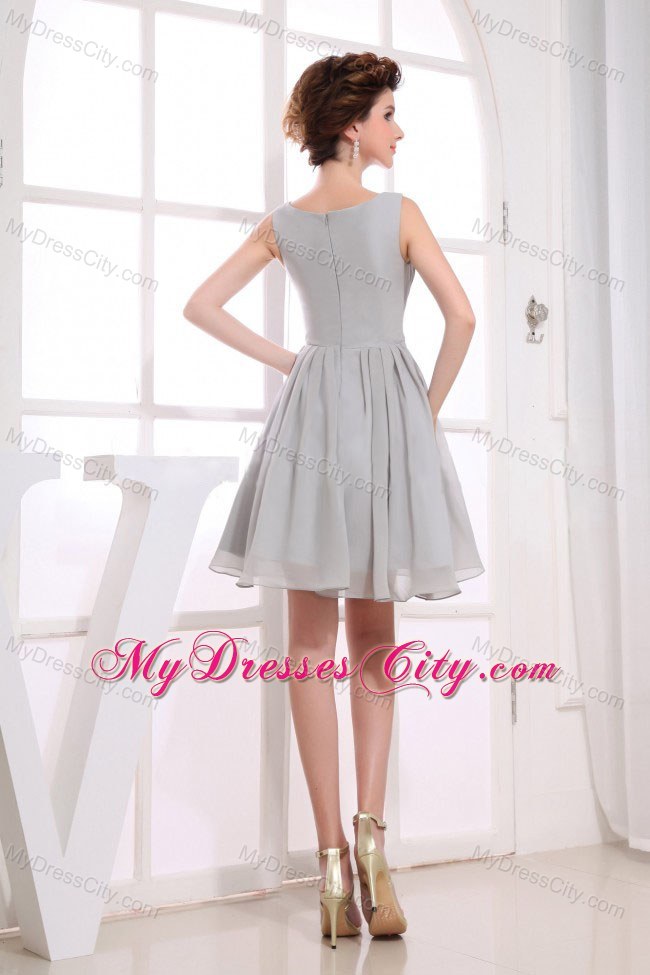 Grey Chiffon Knee-length Bateau Ruched Party Dress