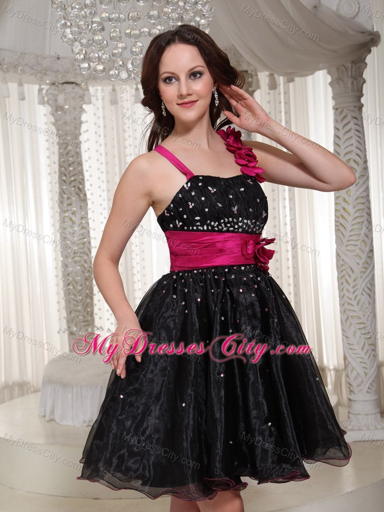 Beaded Organza Black Party Dress With Hand-made Flowers