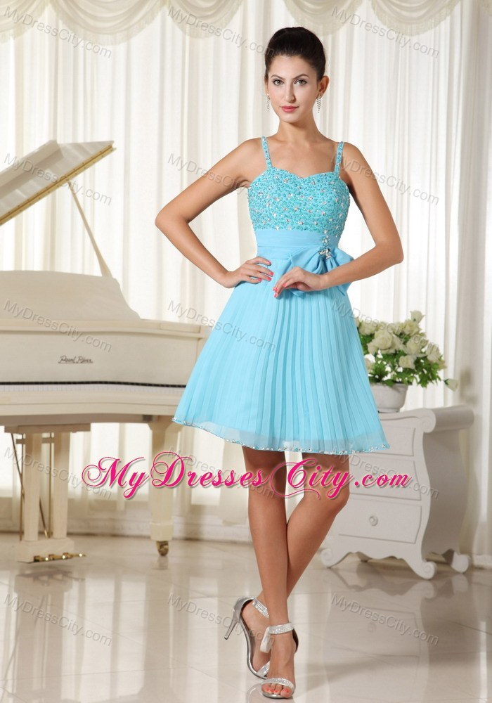 Aqua Blue Short Beaded and Pleated Spaghetti Straps Party Gown