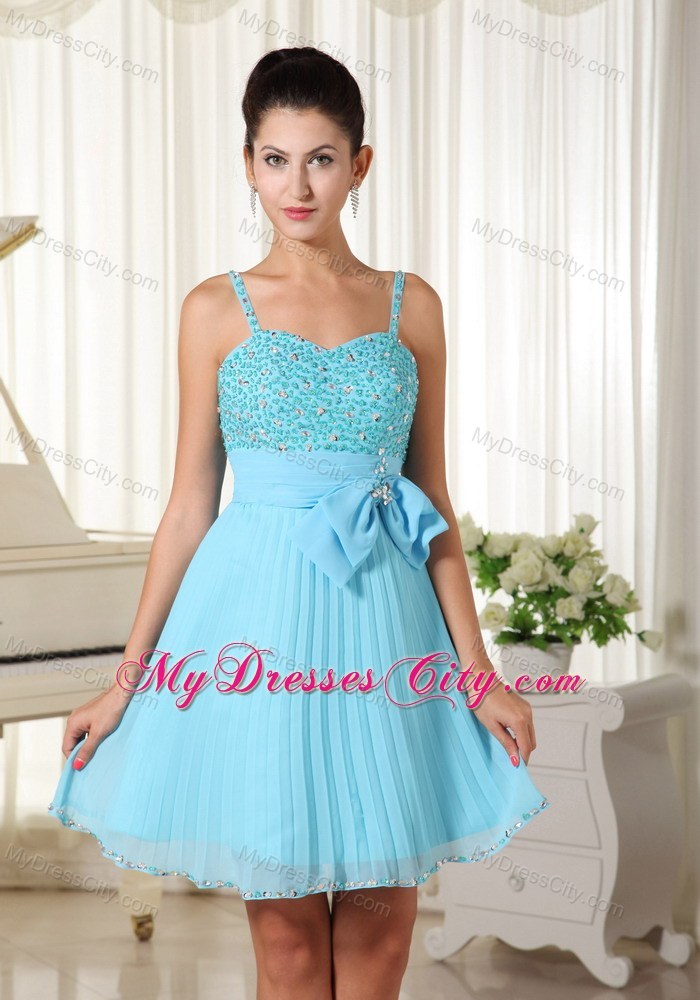 Aqua Blue Short Beaded and Pleated Spaghetti Straps Party Gown