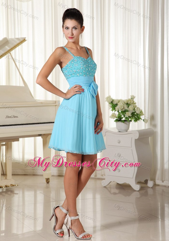 Aqua Blue Short Beaded and Pleated Spaghetti Straps Party Gown