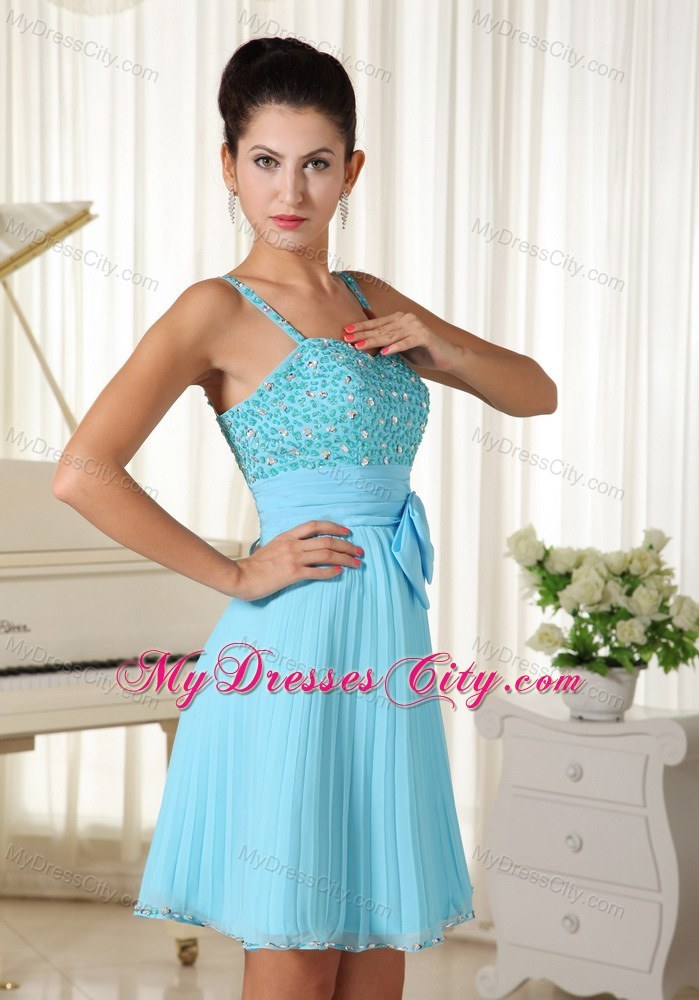 Aqua Blue Short Beaded and Pleated Spaghetti Straps Party Gown