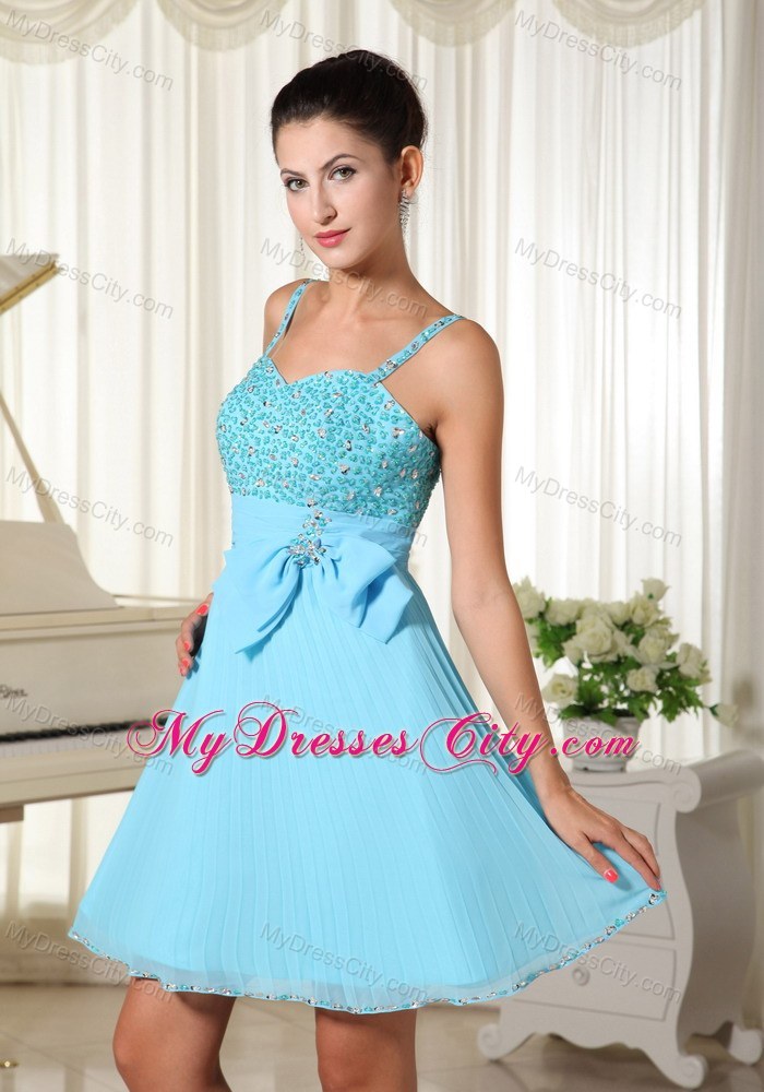 Aqua Blue Short Beaded and Pleated Spaghetti Straps Party Gown