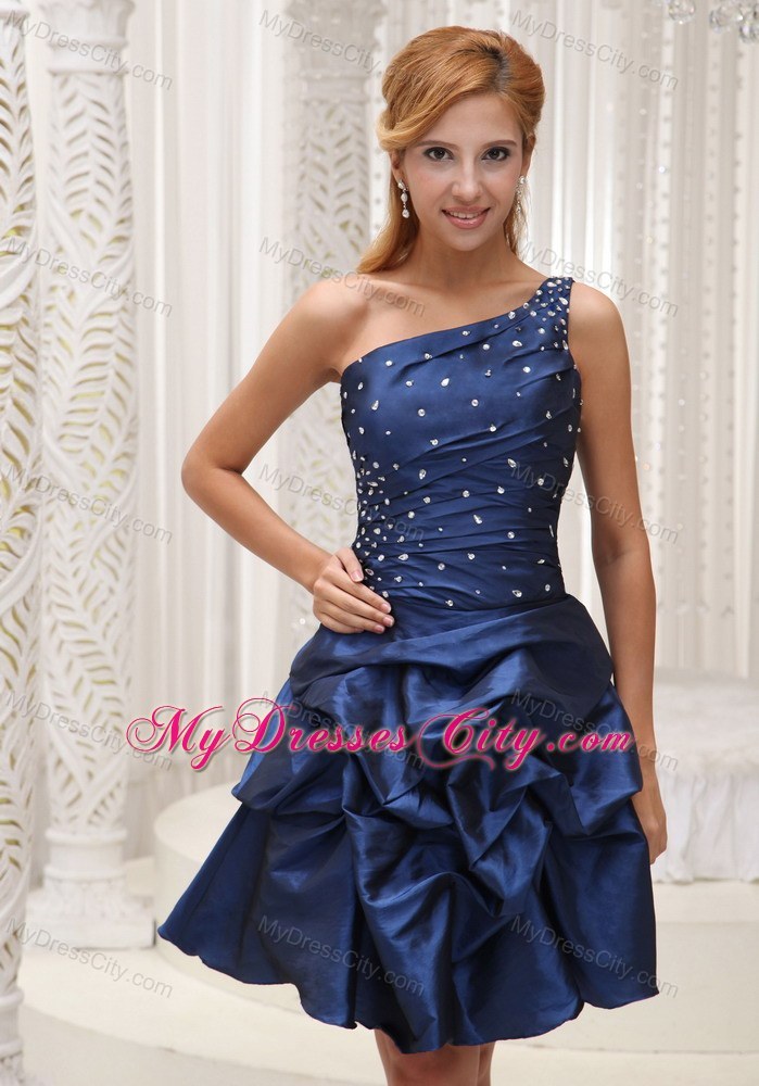 Navy Blue One Shoulder Party Dress with Beading and Pick-ups